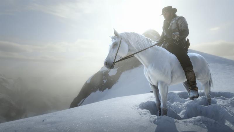 Arthur Morgan slowly approaching a rare white Arabian horse in the snowy mountains, demonstrating part of the process before you can sell horses in RDR2 story.