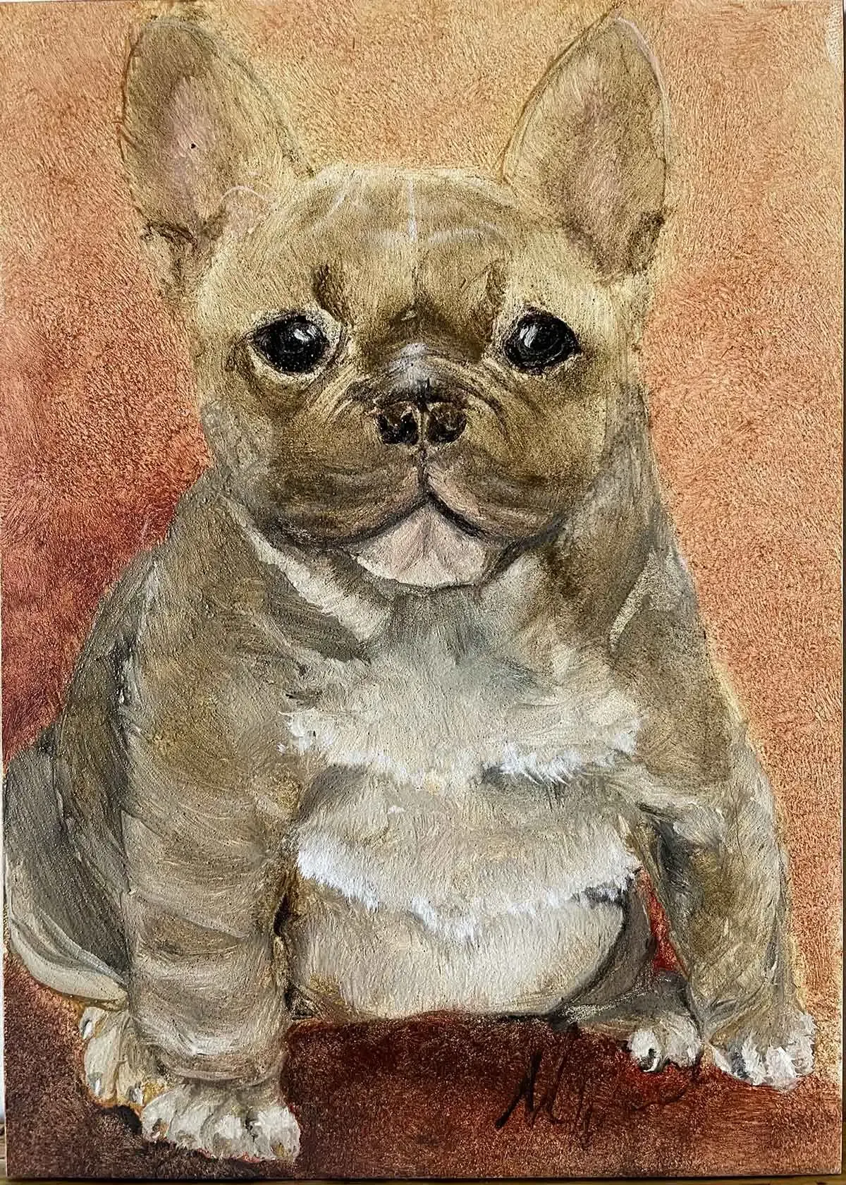 The completed painting of Hugo the French Bulldog puppy.
