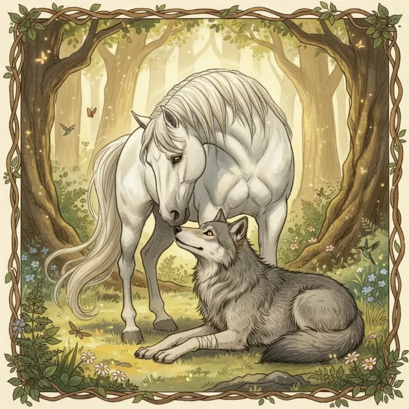 An unlikely alliance between a wolf and a horse in a forest clearing, symbolizing cooperation and mutual respect.