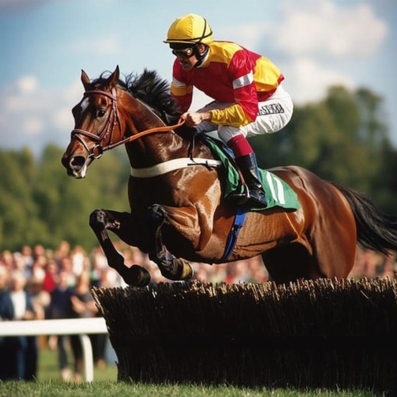 A close-up action shot of several thoroughbred horses and jockeys competing fiercely on a dirt track, capturing the intensity of a stakes race.