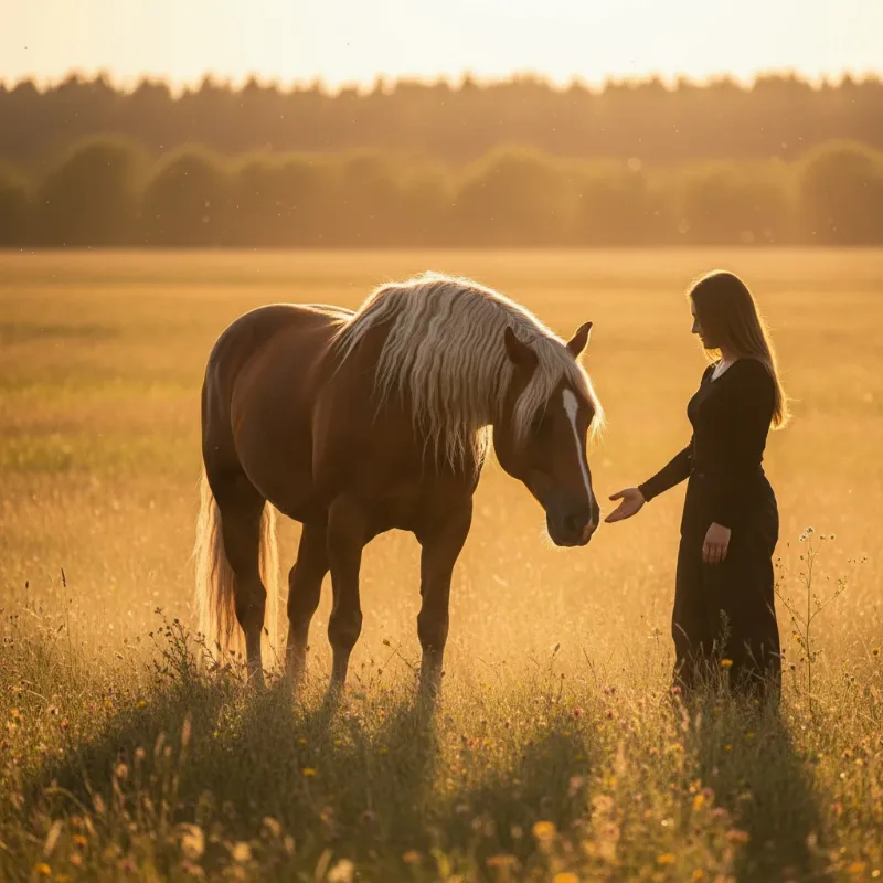 A majestic horse looking lovingly at its owner in a sun-drenched field, symbolizing a deep and enduring bond.