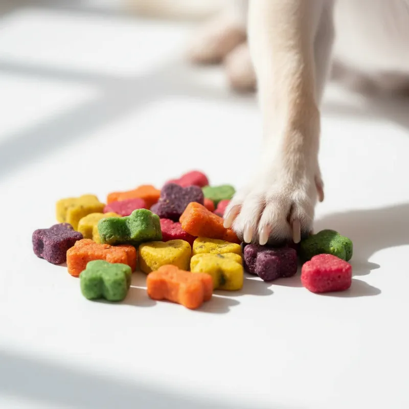 A close-up shot of various pea-sized small dog training treats next to a tiny Chihuahua's paw for scale, highlighting their small size.