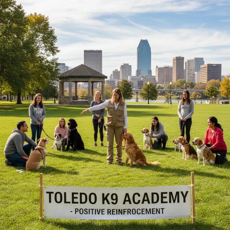 An owner and their Golden Retriever practicing the 'stay' command during a dog training in Toledo group class.