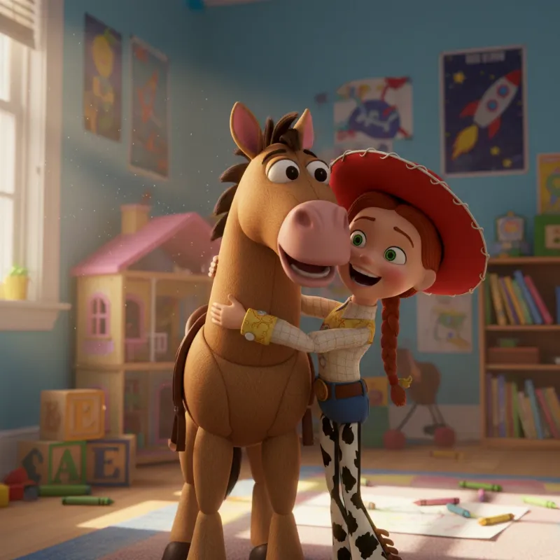 The name of Jessie's horse in Toy Story is Bullseye, shown here in a joyful pose next to his best friend, the cowgirl Jessie.