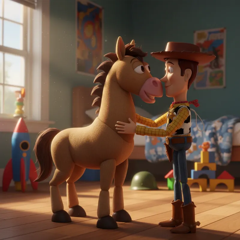 A close-up of the toy Bullseye from Toy Story looking up affectionately at the toy Woody, highlighting their strong bond and Bullseye's loyalty.
