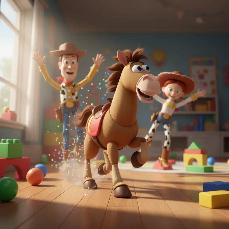 The toy horse Bullseye from Toy Story galloping joyfully alongside Jessie and Woody in a playful scene.
