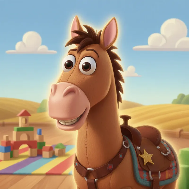 A detailed illustration of Bullseye, the beloved horse from Toy Story, with a curious and friendly expression, set against a backdrop suggestive of the movie's adventurous spirit.