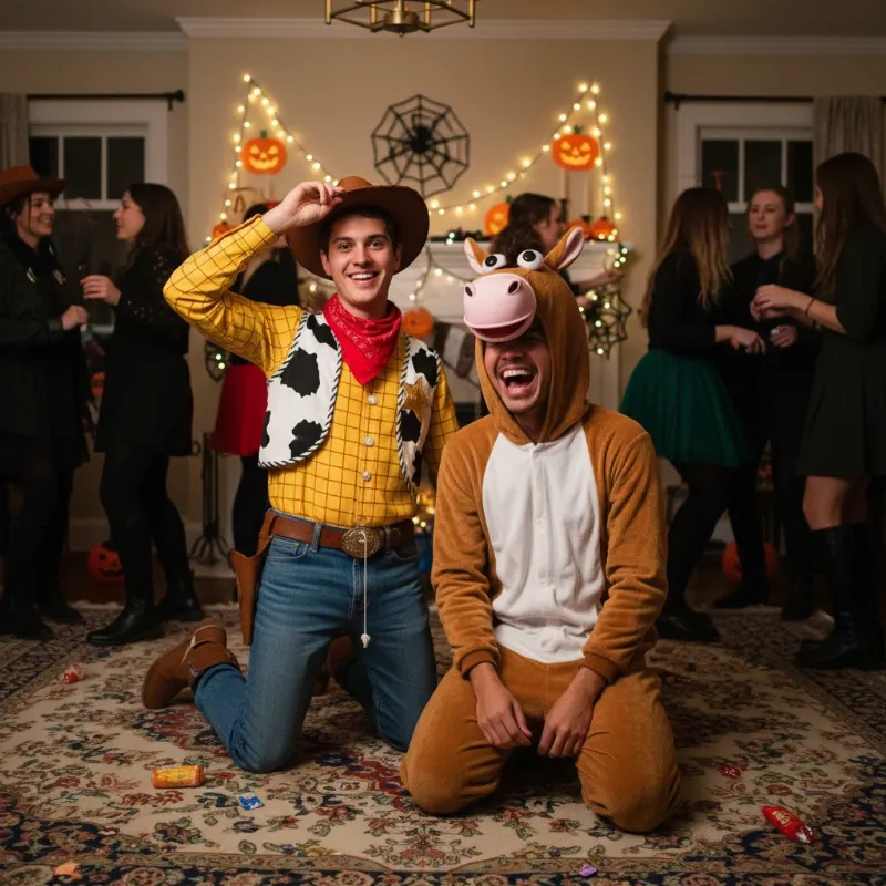 A person in a Woody costume playfully pretending to ride on the back of someone in a Bullseye costume.