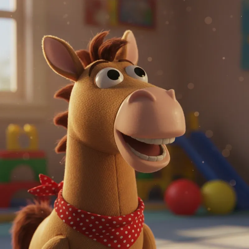 A detailed close-up shot of the Toy Story horse Bullseye, showing his friendly, expressive eyes and vinyl texture. The background is a soft-focus blur of a child's bedroom.