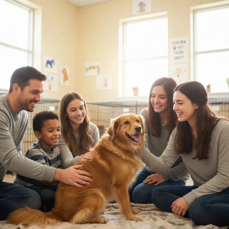 alt-text=A happy family interacting with a well-behaved trained dog during adoption