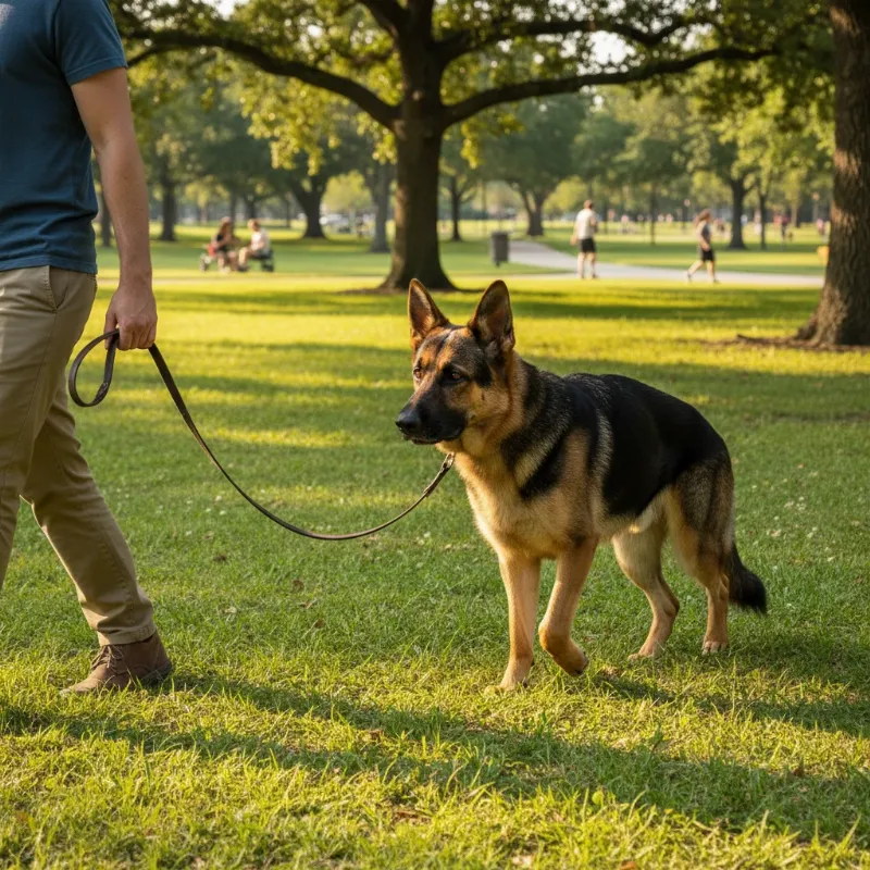 A professionally trained German Shepherd heeling perfectly next to its owner in a Houston park setting