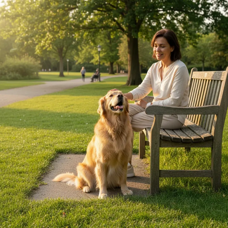 A well-behaved Golden Retriever sitting calmly next to its owner on a park bench, showcasing the ideal temperament of a trained companion dog for sale.