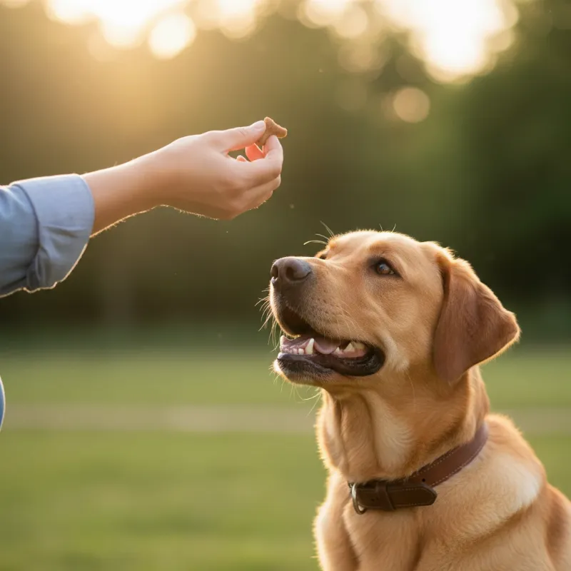 Close-up shot of a dog trainer's hand giving a small treat to a Labrador Retriever for successfully performing a command during a training session.