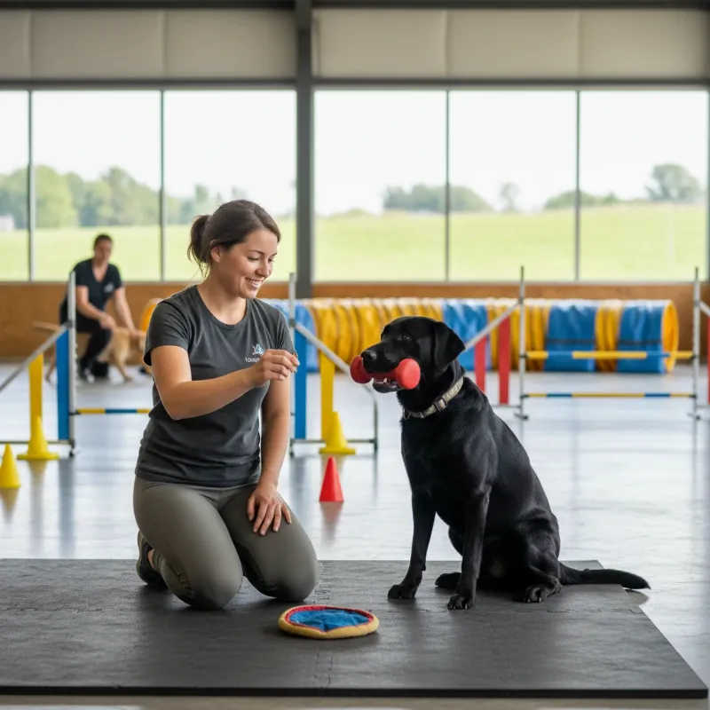 A professional dog trainer guiding a labrador through a specific task in an indoor training facility, demonstrating a key aspect of service dog training colorado springs.