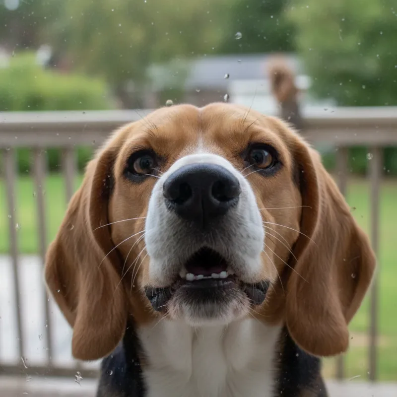 A golden retriever looking up attentively at its owner who is holding a treat, with a hand signal for "quiet." The setting is a calm, well-lit living room, emphasizing positive reinforcement in training a dog to stop barking.