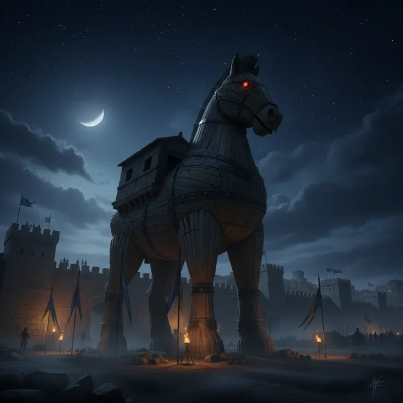 An artistic depiction of the giant wooden Trojan Horse sitting before the imposing gates of the ancient city of Troy at night, illustrating the trojan horse true story.