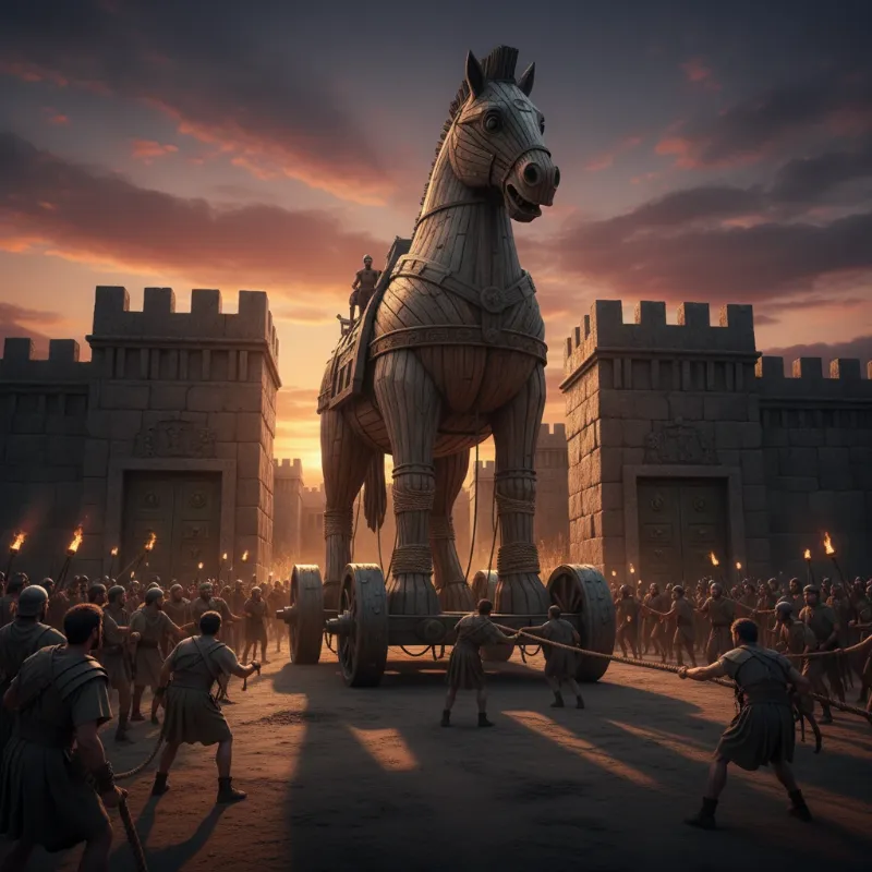A detailed depiction of the giant wooden Trojan Horse being pulled into the ancient city of Troy, addressing the question of whether the trojan horse story is true or false.