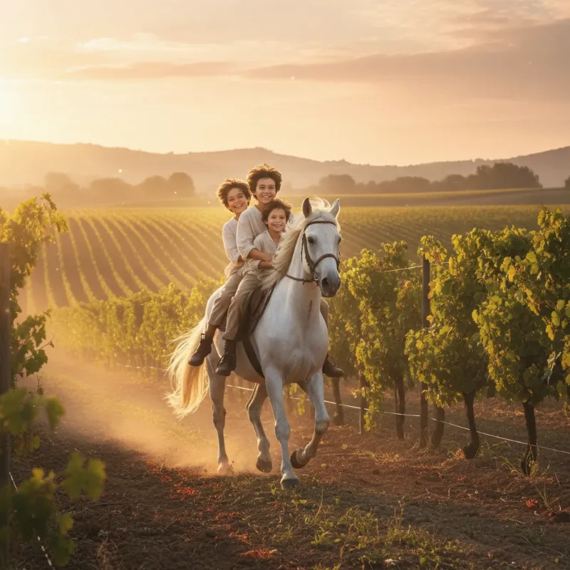 An SEO-optimized alt text describing two young boys riding a beautiful white horse through a field at sunrise, capturing the essence of 'the summer of the beautiful white horse story summary'.