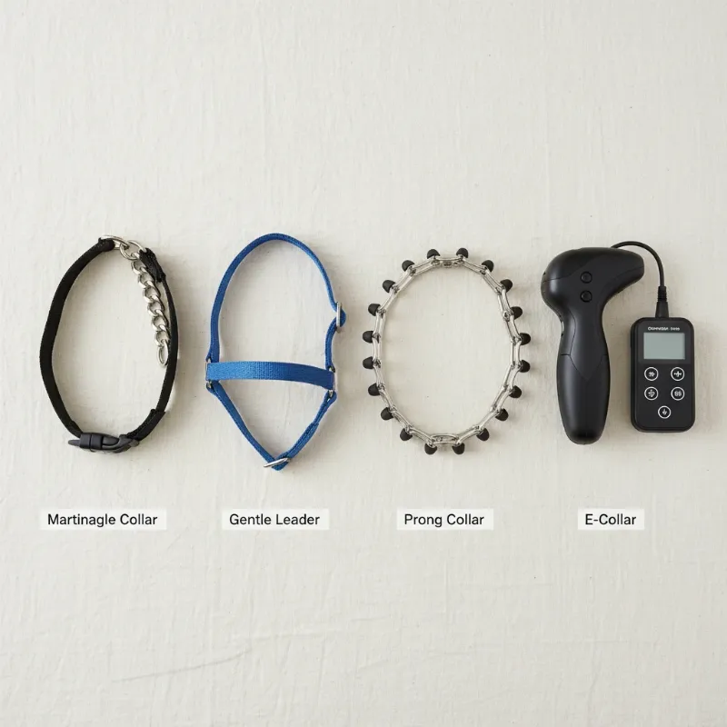 A display showing various types of dog training collars, including a martingale, a head halter, and an e-collar, illustrating the options for finding a dog training collar nearby.