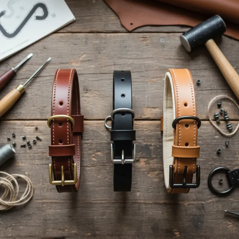 A collection of different leather dog training collars, including flat, rolled, and padded styles, arranged neatly on a rustic wooden surface.