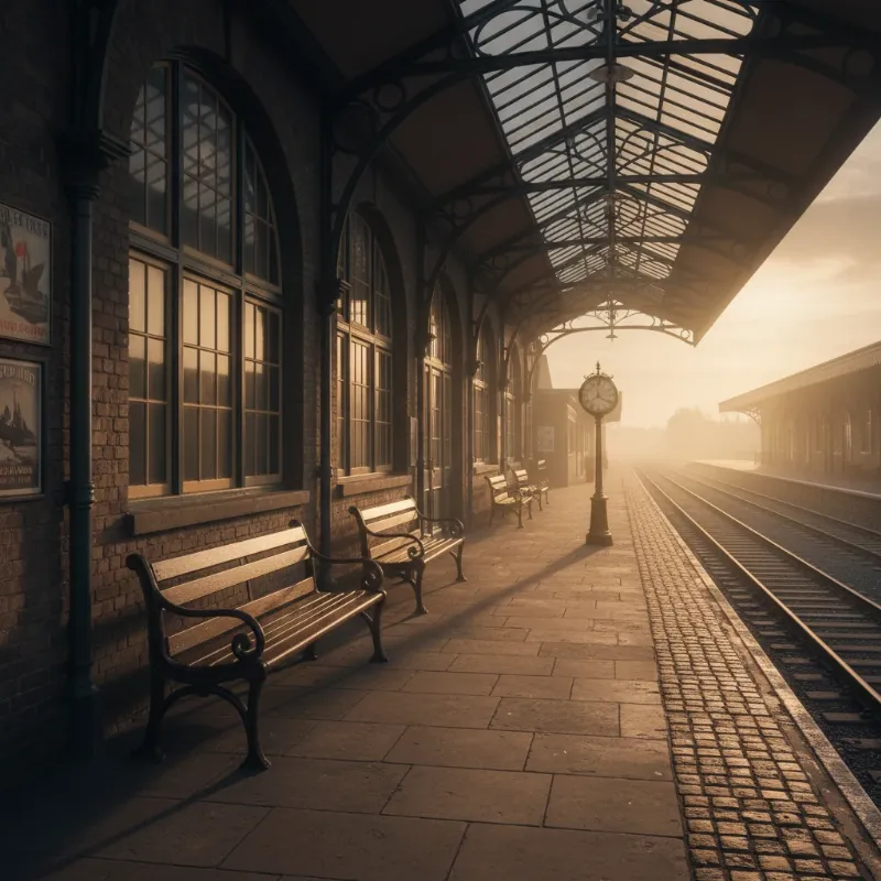 A slightly melancholic, vintage-style image of an empty train station platform. Sunlight streams through the windows, illuminating dust motes in the air, creating a feeling of timeless waiting, referencing the dog waits at the train station movie.