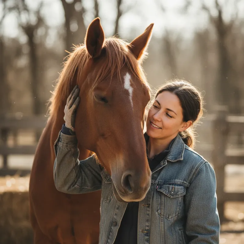 An alt-text for an image that conveys the emotional connection in horse rescue stories, showing a volunteer gently stroking the face of a rescue horse.