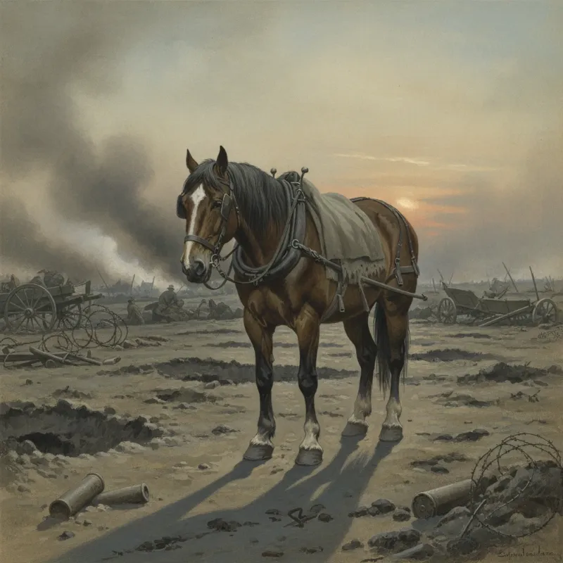 Alt text describing the historical context of horses in WWI for the War Horse story