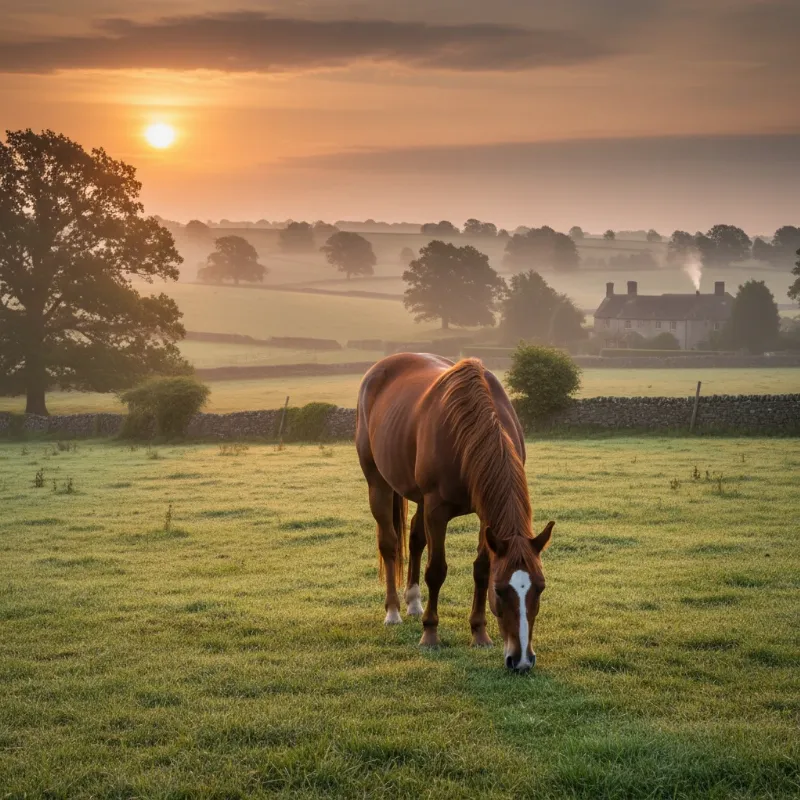 A beautiful bay horse with a white cross on its forehead, representing Joey from War Horse, standing in a tranquil English field with rolling green hills. The image captures the peaceful beginning of the story.