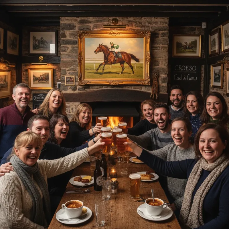 An alt-text describing the true story of Dream Horse, where the Welsh syndicate owners celebrate their champion.