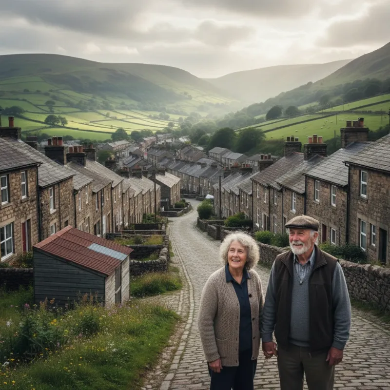 An image capturing the spirit of a close-knit Welsh village community, with terraced houses and green hills in the background, conveying a sense of hope and togetherness, inspired by the true story of Dream Horse.