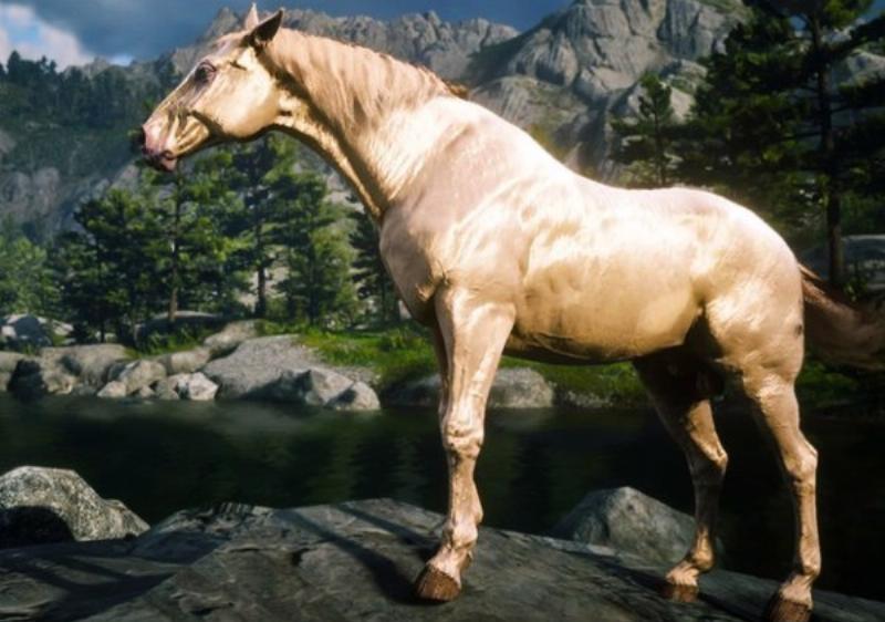 A stunning white Arabian horse standing majestically in the snowy landscape of Red Dead Redemption 2, representing one of the best wild horses in the RDR2 story mode.