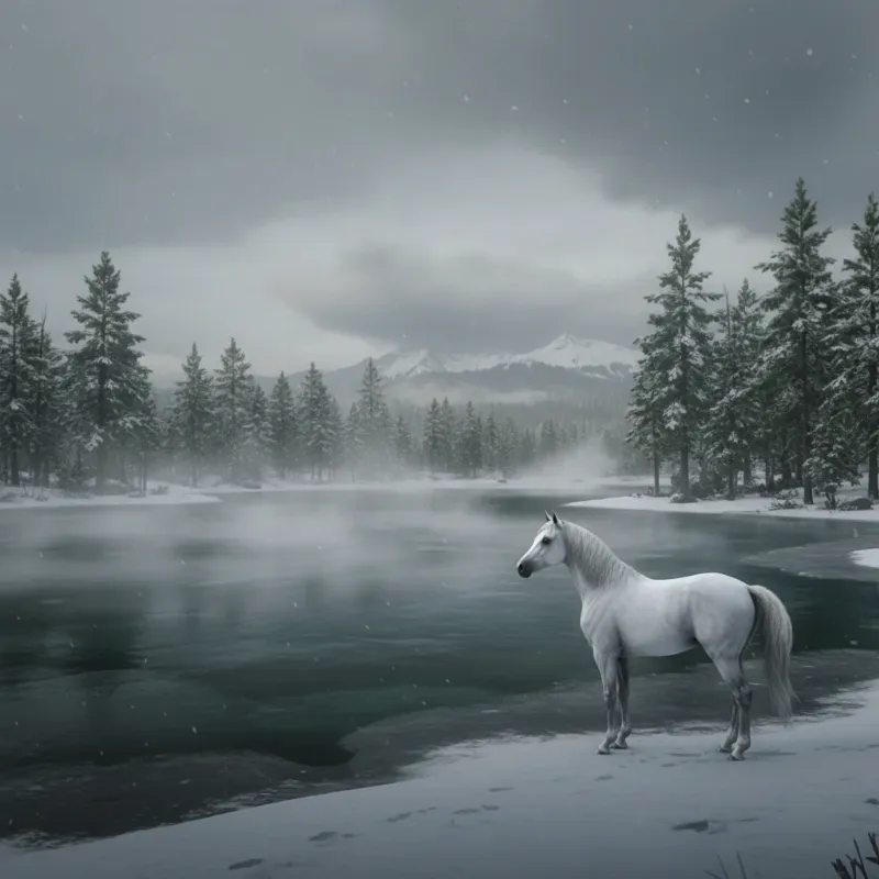 The iconic White Arabian, what is the fastest horse in rdr2 story mode, standing majestically in the snowy landscape near Lake Isabella.