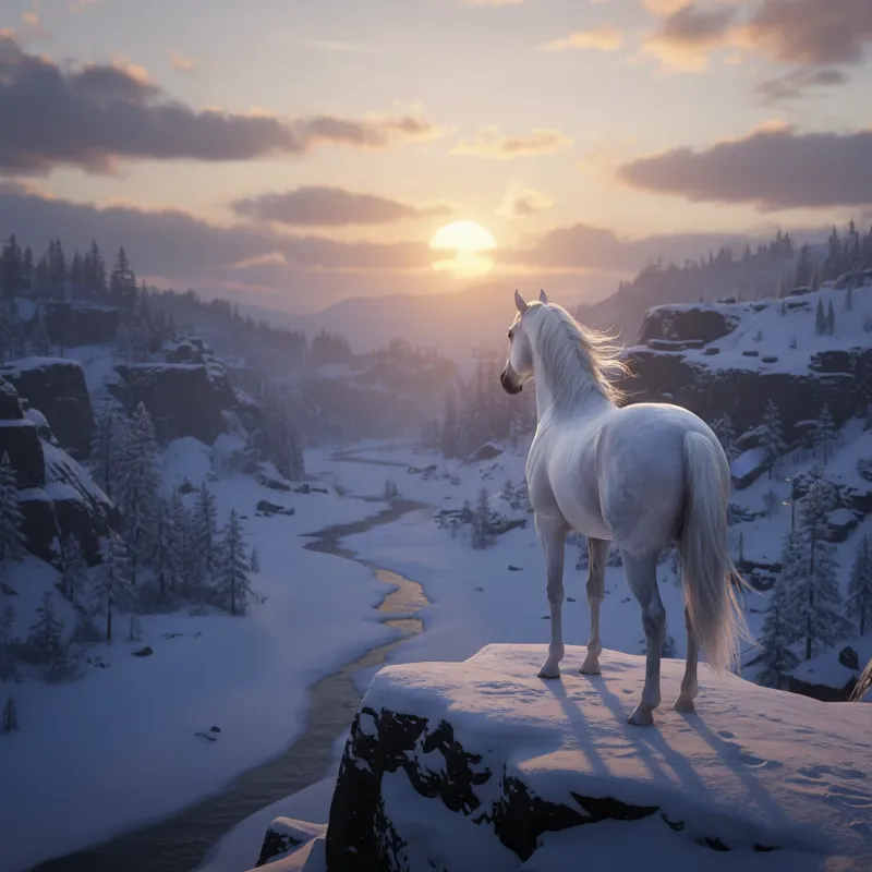 A majestic white Arabian, one of the best horses in RDR2 story, standing proudly on a snowy mountain peak at dusk, its breath visible in the cold air.