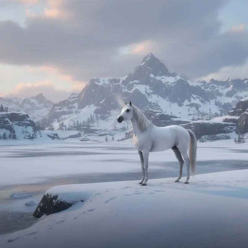 The legendary White Arabian horse standing in the snowy landscape near Lake Isabella, a prime example of how to get the best horse in rdr2 story mode for free.