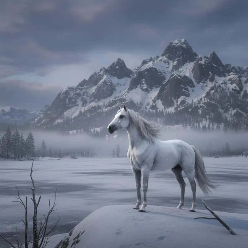 The legendary white Arabian, the fastest horse in rdr2 story mode, standing in the snow near Lake Isabella.