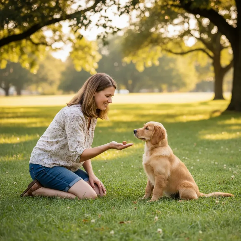 An alt-text describing a woman patiently training a small female puppy outdoors, illustrating the importance of positive reinforcement in addressing the question of whether female dogs are harder to potty train.