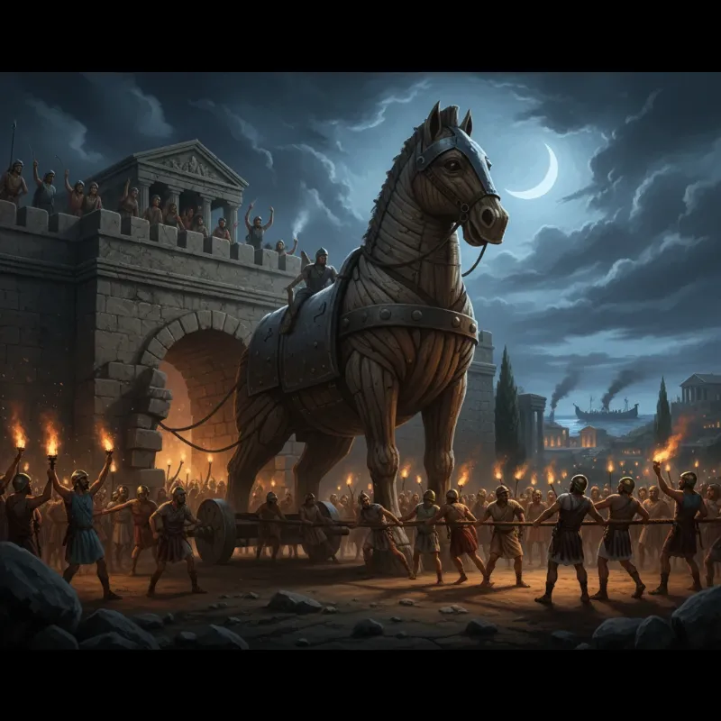 A dramatic illustration of the colossal wooden horse being pulled into the city of Troy, a key scene in the true story of the wooden horse.