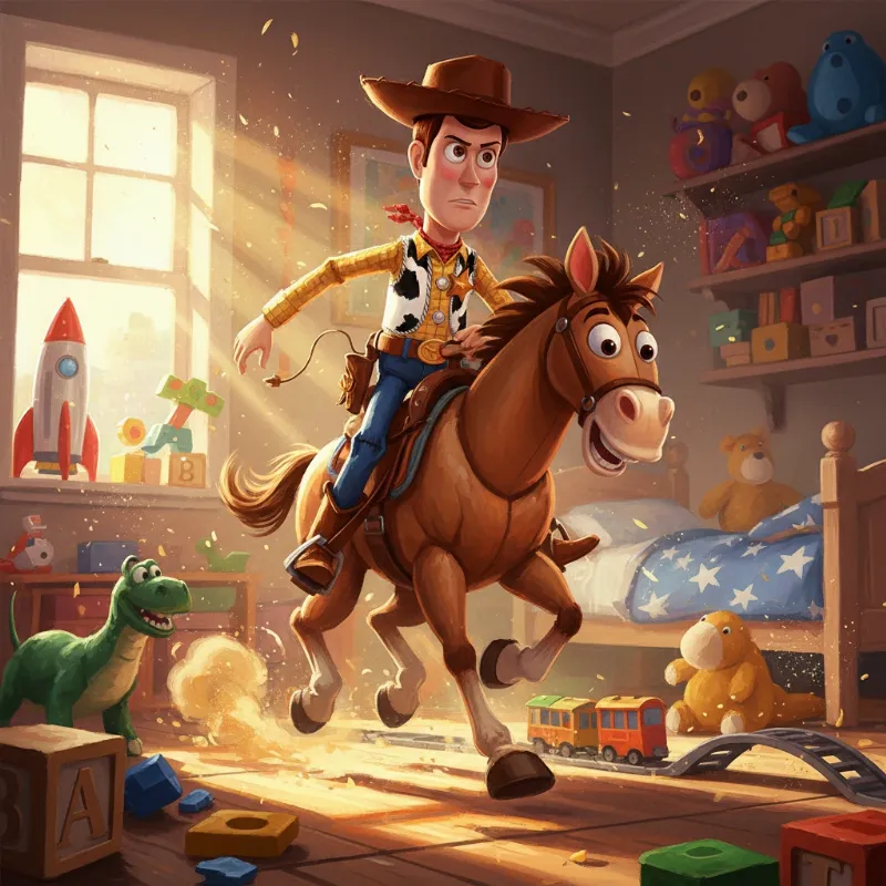 Woody riding on his horse Bullseye from Toy Story 3. The image shows their strong bond and partnership during an adventure.