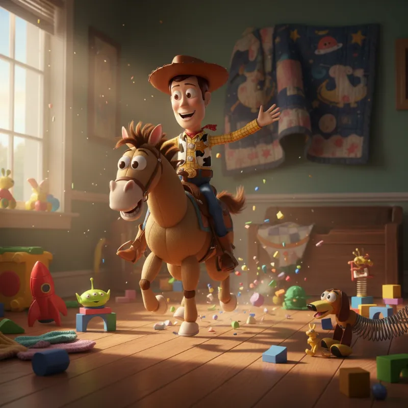 An image of Woody riding his horse Bullseye from Toy Story 3, showcasing their bond and loyalty.