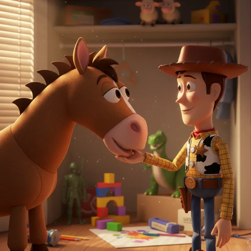 The Toy Story 4 horse Bullseye in a heartwarming, detailed 3D animated scene, nuzzling Woody's hand affectionately inside Bonnie's closet, surrounded by other familiar toys.