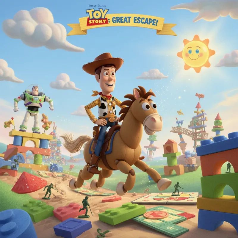 Woody riding Bullseye on a daring adventure in Toy Story, symbolizing friendship and loyalty.