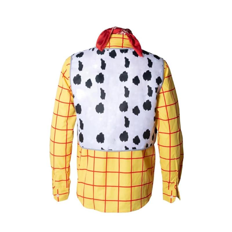 Adorable dog dressed as Woody from Toy Story, complete with cowboy hat and sheriff badge