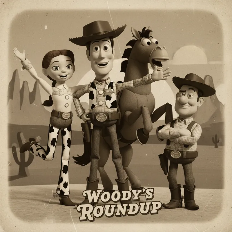 The full Woody's Roundup gang, featuring Woody, Jessie, Stinky Pete, and the name of the horse from Toy Story, Bullseye, posed together as classic toy figures.