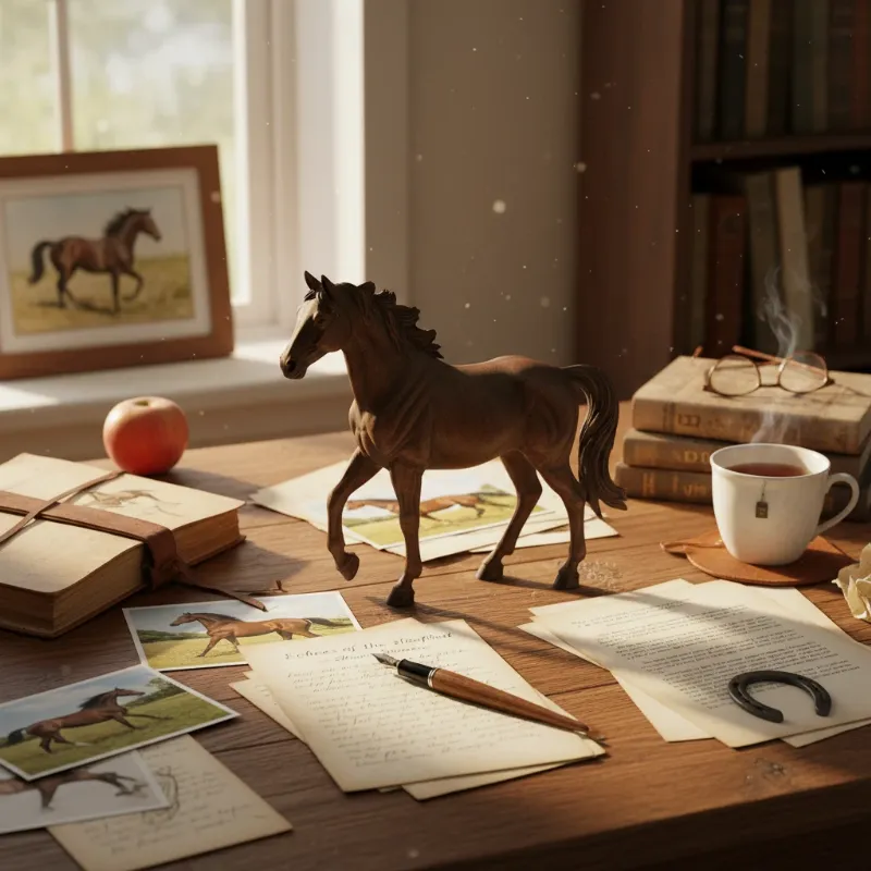 A writer's desk with a journal open, a pen, and a small, beautifully carved wooden horse figurine catching the morning light, inspiring short stories about horses.