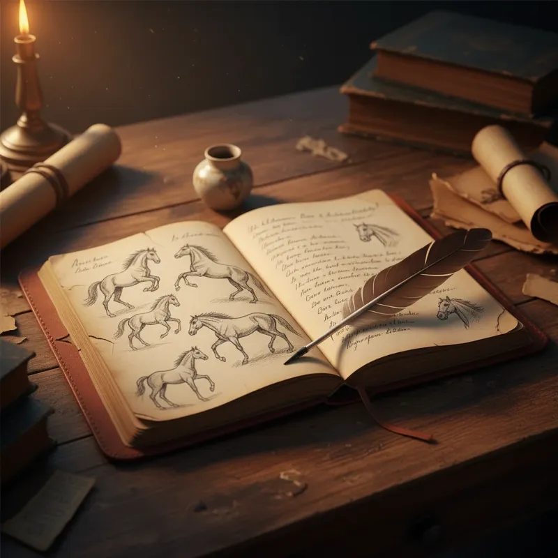 A writer's desk with a notebook open, showing notes for writing compelling horse erotic stories