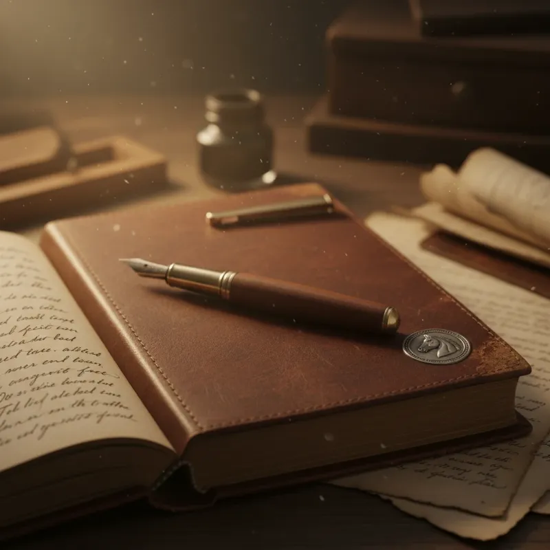 An evocative image for a guide on writing erotic horse stories, featuring an old-fashioned fountain pen resting on an open, leather-bound book, with a subtle, artistic horse emblem on the cover.