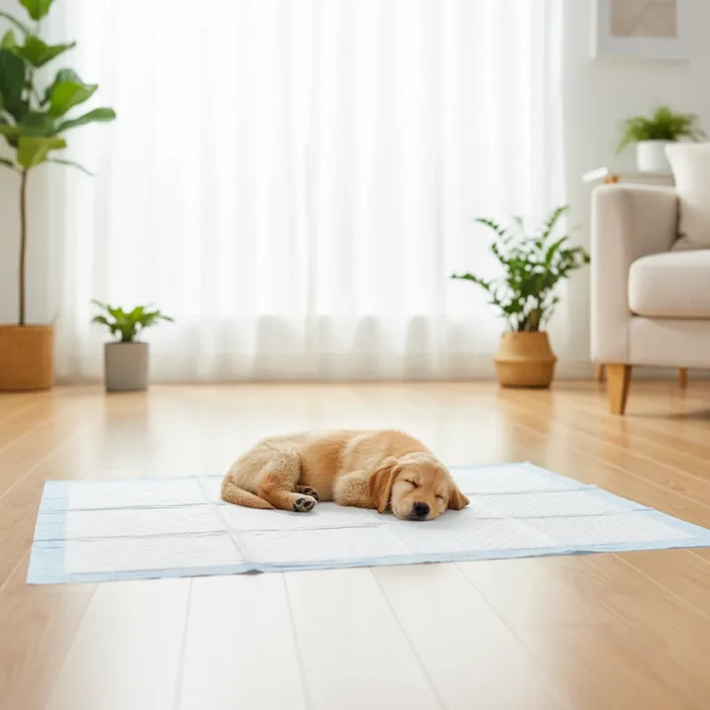 An extra-large dog training pad laid out on a modern living room floor, with a golden retriever puppy happily sitting on it, demonstrating its ample size.
