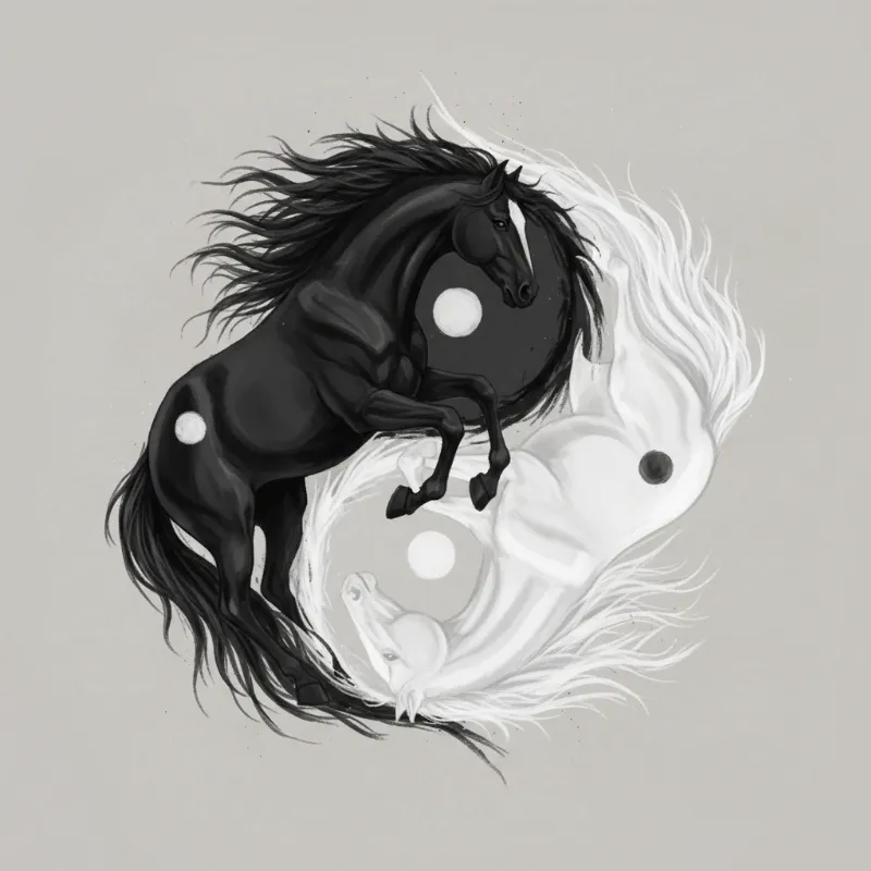 An abstract image showing two horses, one black and one white, circling each other in a yin-yang formation, representing the duality of fortune and misfortune in the story of the lost horse.