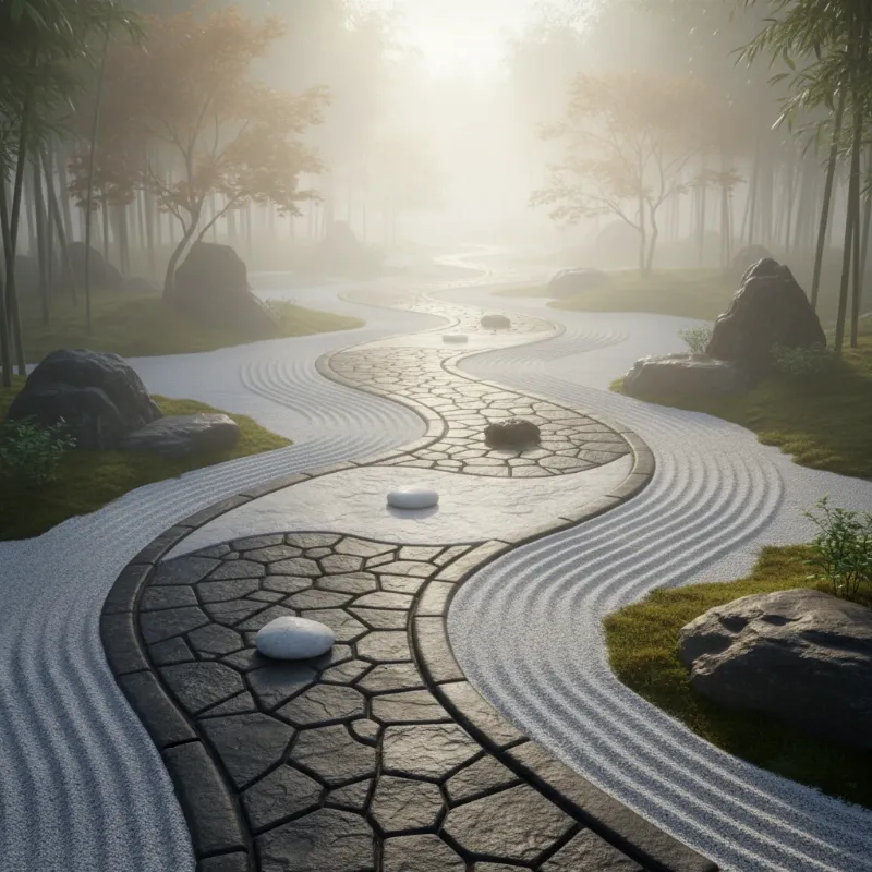 A conceptual image representing the unpredictable path of life, with a winding stone path integrated with a subtle Yin and Yang symbol, symbolizing the balance of good and bad luck discussed in the farmer and the horse story pdf.