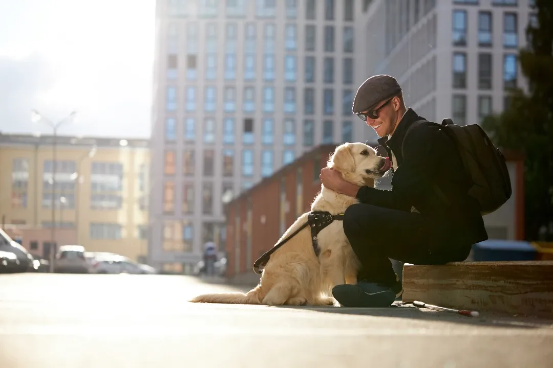 A man in the city with his guide dog.